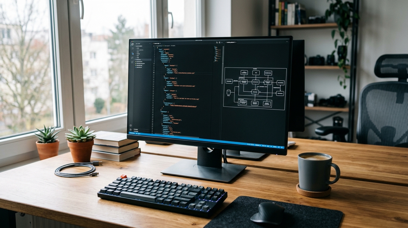A developer's workspace viewed from a slight angle. A dark mode code editor on a...