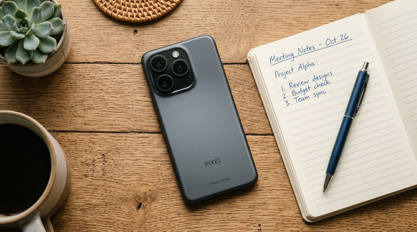 A top-down view of a modern smartphone resting on a wooden table, next to a note...