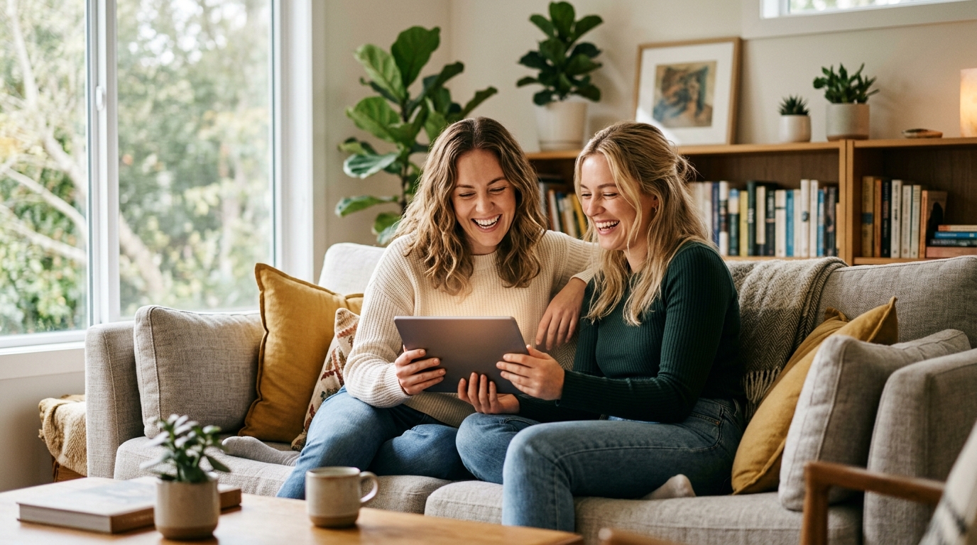 两位朋友坐在舒适的现代沙发上，一起看着电子平板电脑大笑...