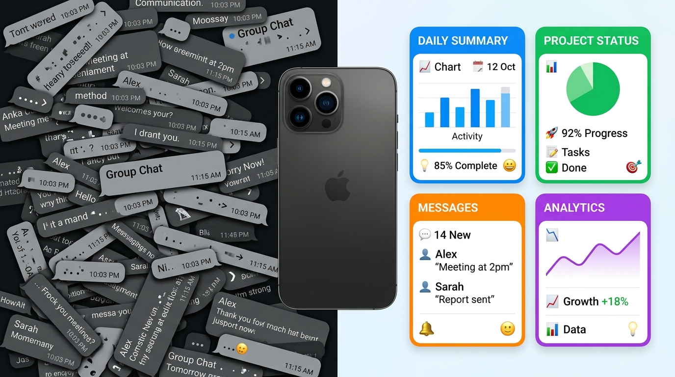 一个概念性的分屏图像。左侧是混乱且重叠的灰色消息气泡...