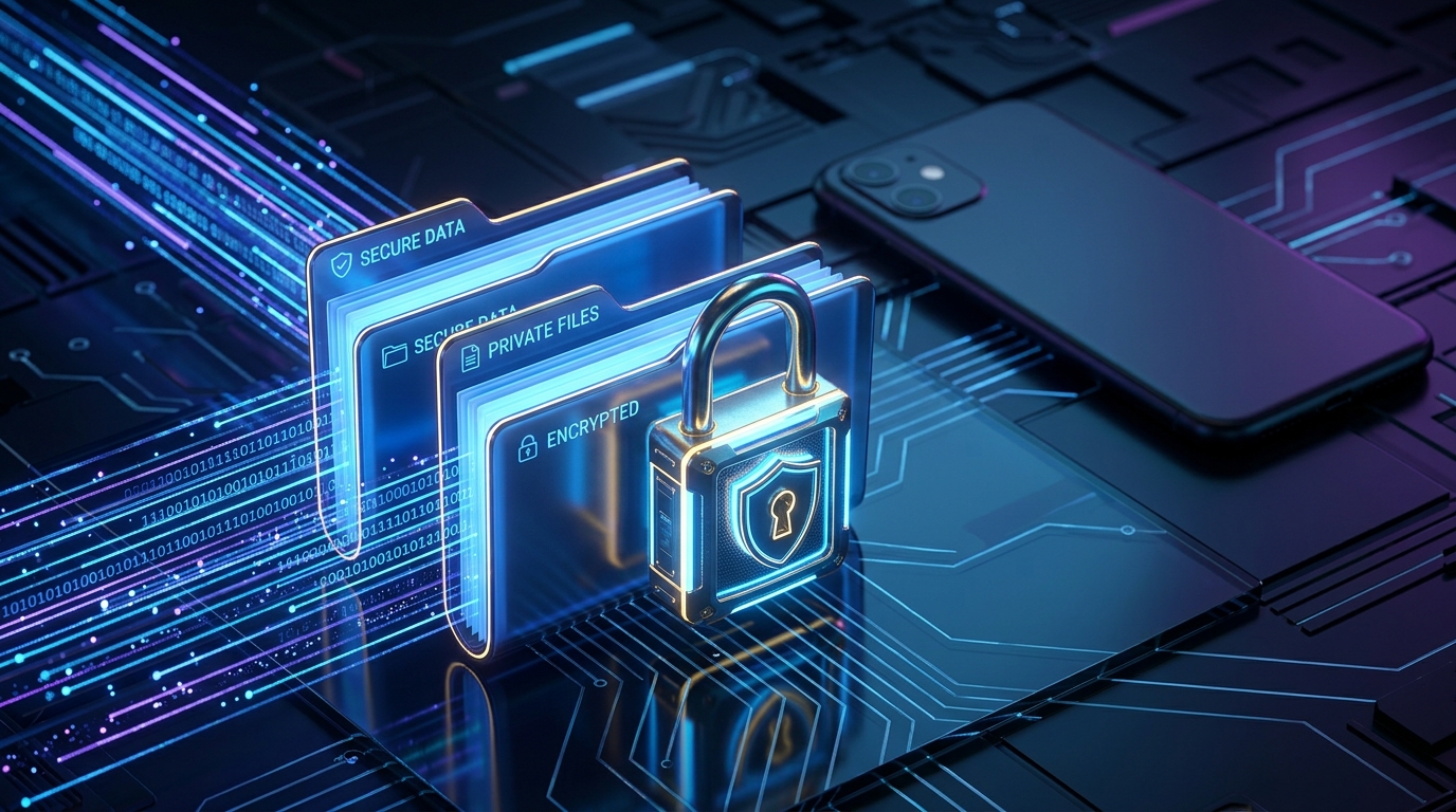 A close-up conceptual 3D render of digital folders securely locked with a glowin...