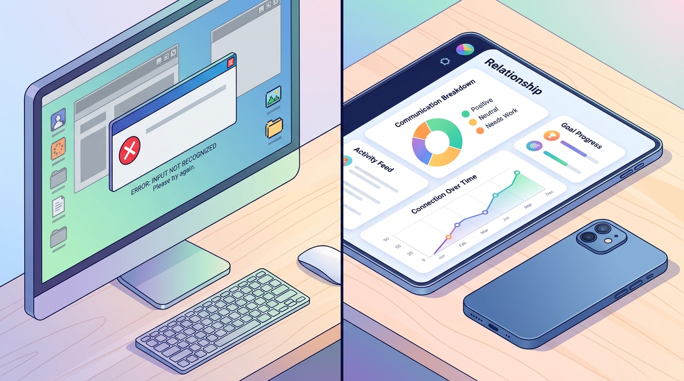 A split-screen style illustration. On the left, a generic computer interface wit...