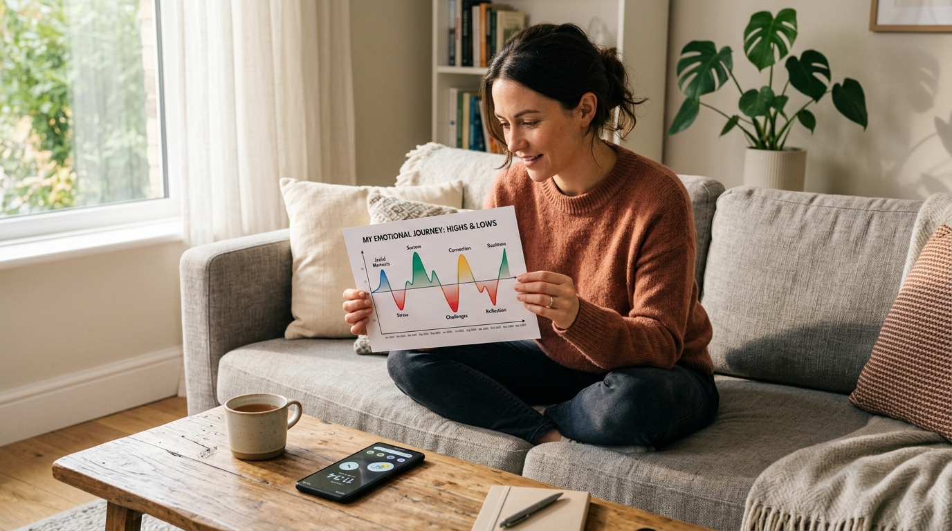 현대적인 소파에 편안하게 앉아 스마트폰으로 상세한 채팅 분석 내용을 확인하고 있는 사람의 따뜻하고 매력적인 모습.