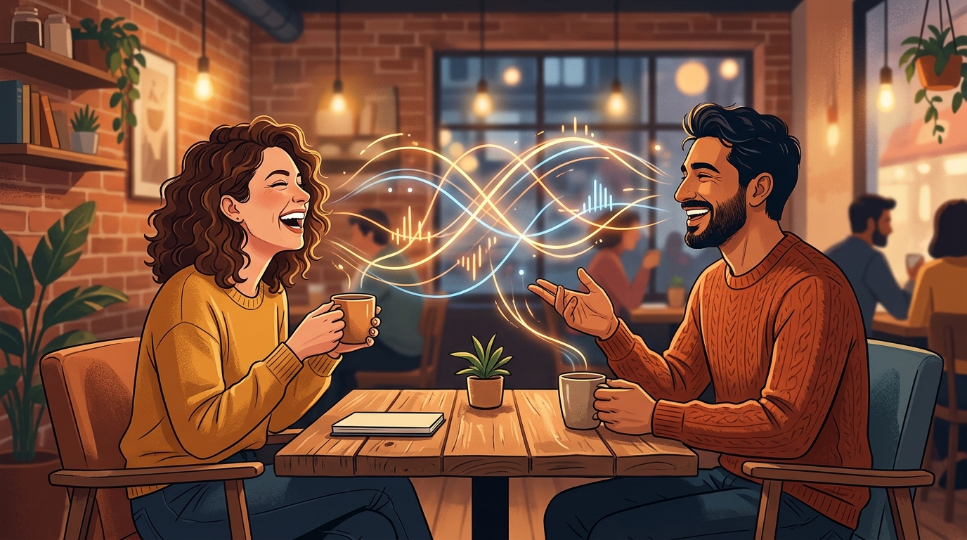 두 사람 사이의 대화 흐름 위에 감정 그래프가 겹쳐진 현대적인 스타일의 일러스트레이션.