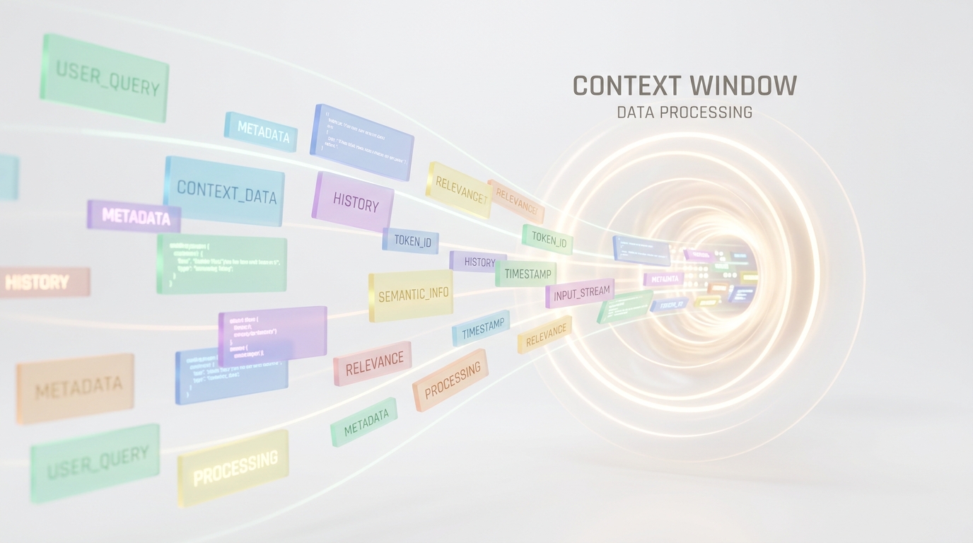 Une visualisation abstraite d'une fenêtre de contexte dans le traitement de données.