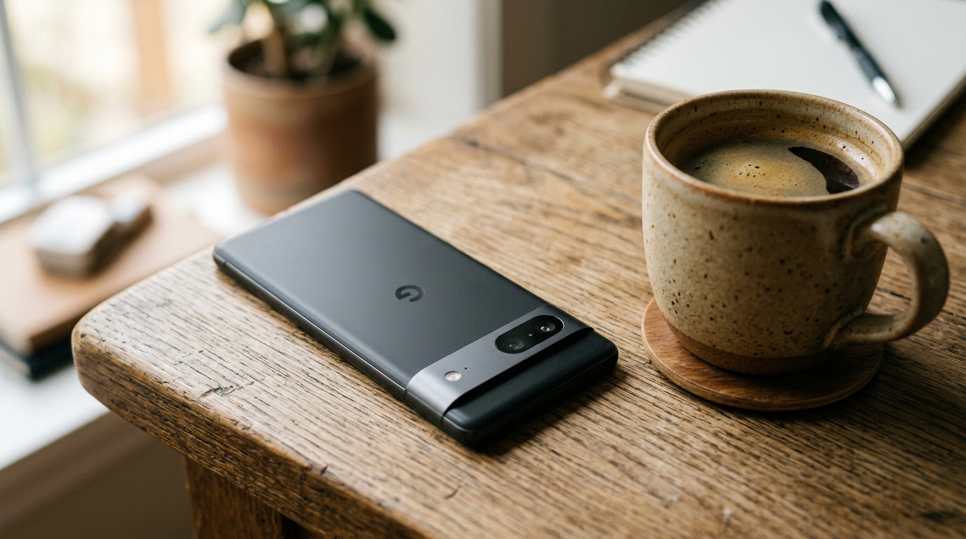 Un gros plan d'un smartphone moderne posé sur un bureau en bois à côté d'une tasse de café.