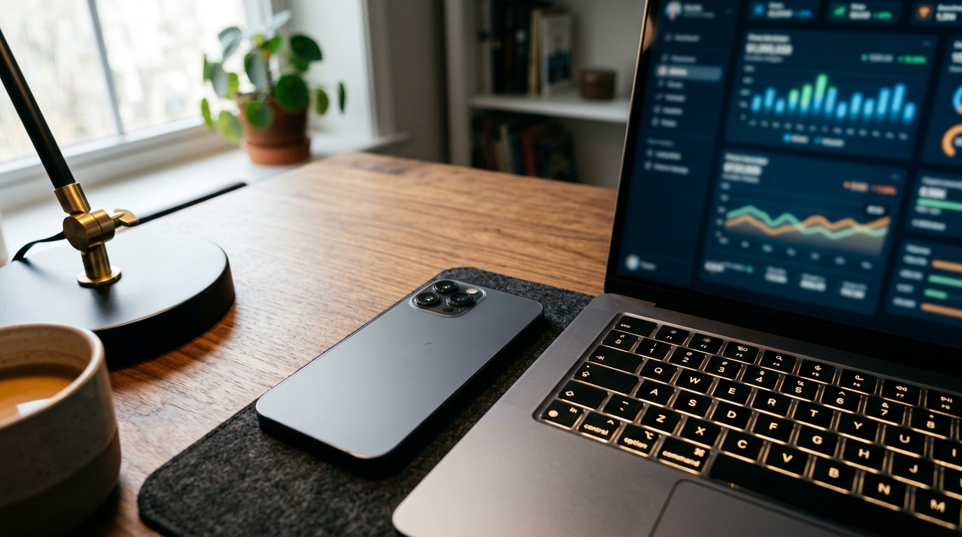 Een close-up van een modern bureau gezien vanuit een verhoogde hoek. Een...