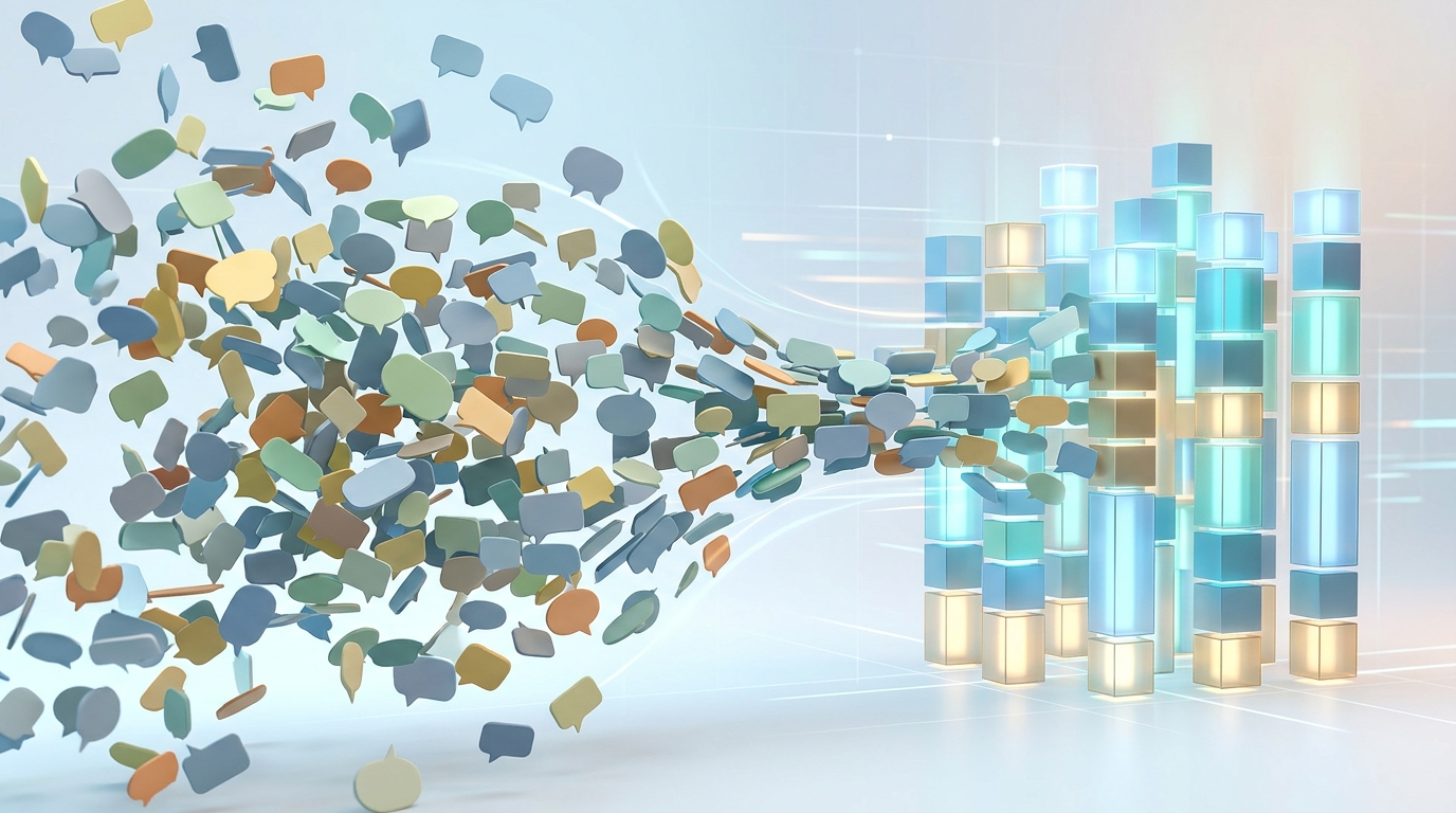 Abstracte visuele weergave van data-organisatie. Chaotische zwevende tekstballonnetjes...