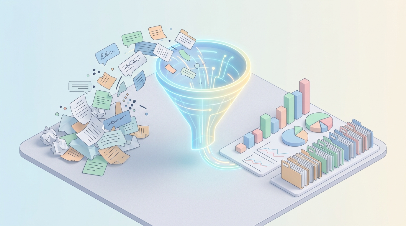 乱雑なデータが構造化され視覚化されるプロセスを示すアイソメトリック3Dイラスト