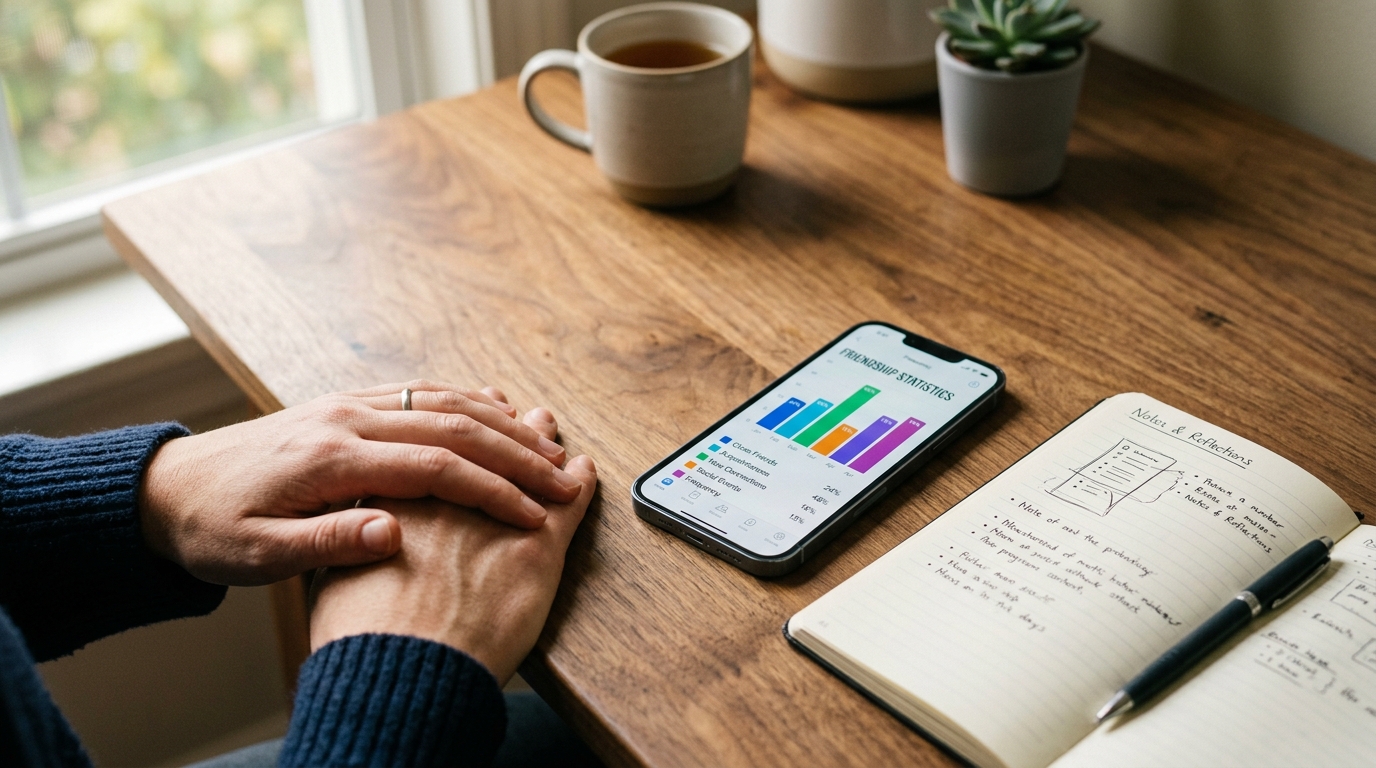 洗練された木製デスクに置かれた現代的なノートパソコンの横に添えられた人の手