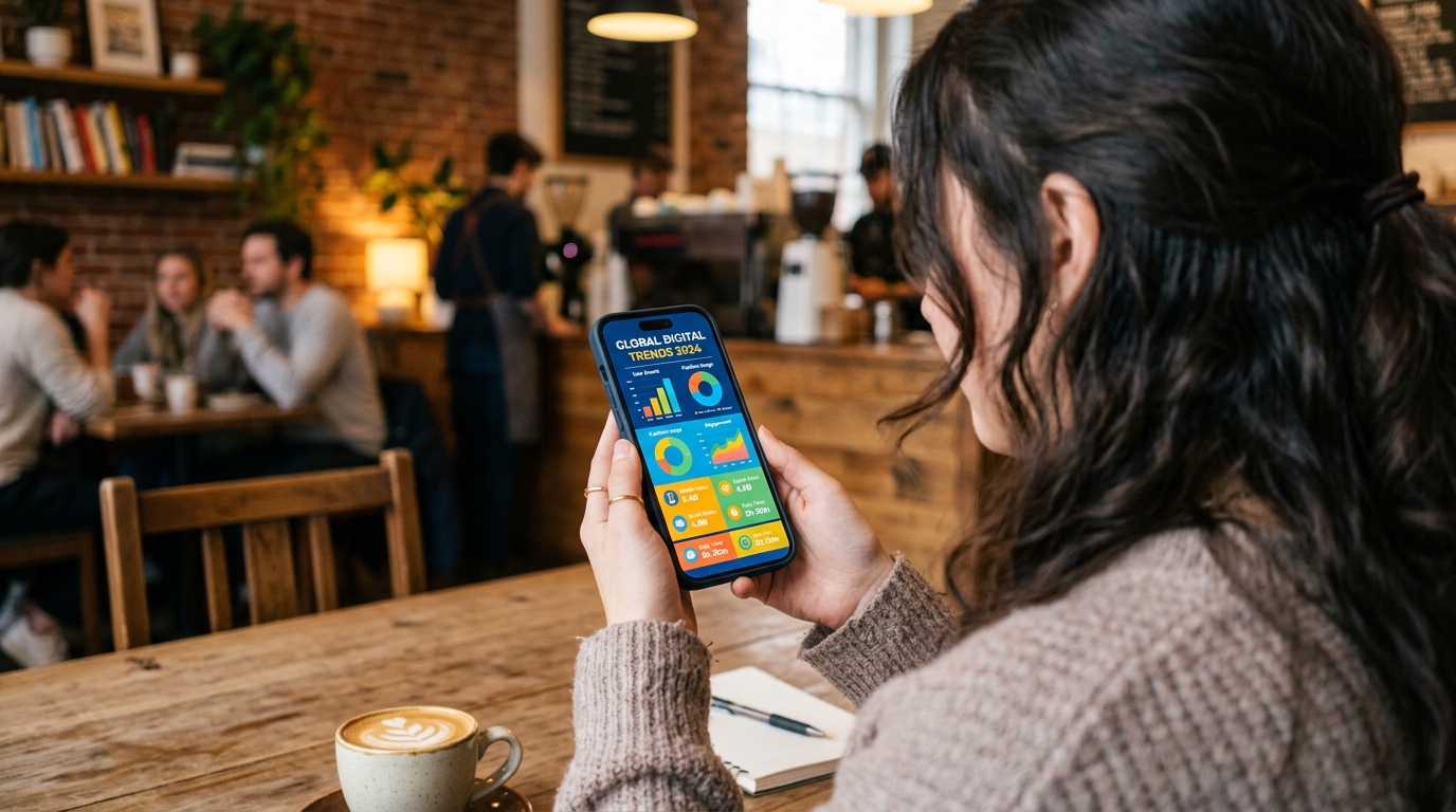 Et n&aelig;rbillede set over skulderen af en person, der holder en moderne smartphone...