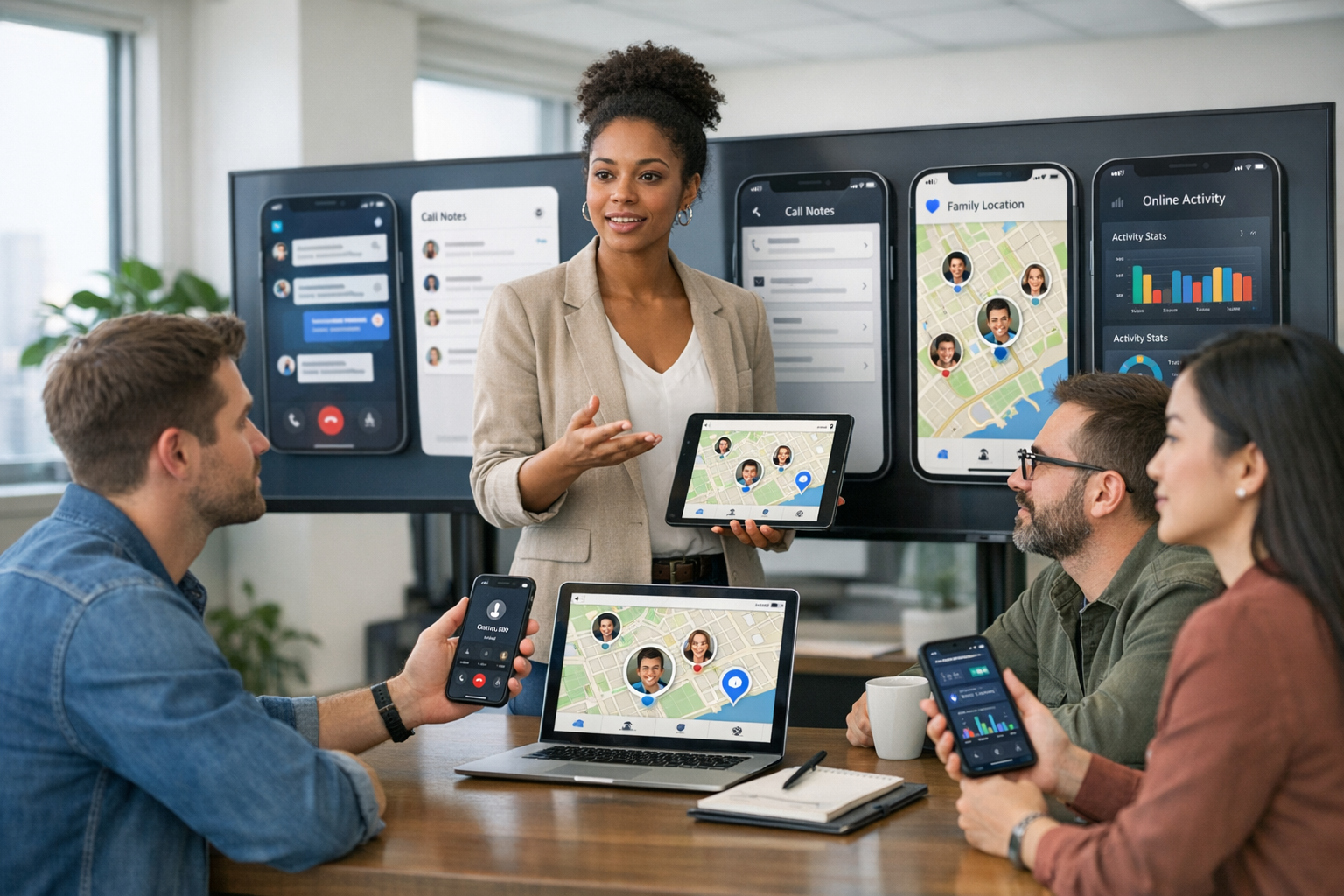 专业杂志风格的现代移动应用公司办公场景,多元化产品团队正在查看智能手机上的沟通、通话笔记、家庭位置和在线活动工具界面,自然采光,办公室环境整洁,真实企业氛围,无文字覆盖或水印