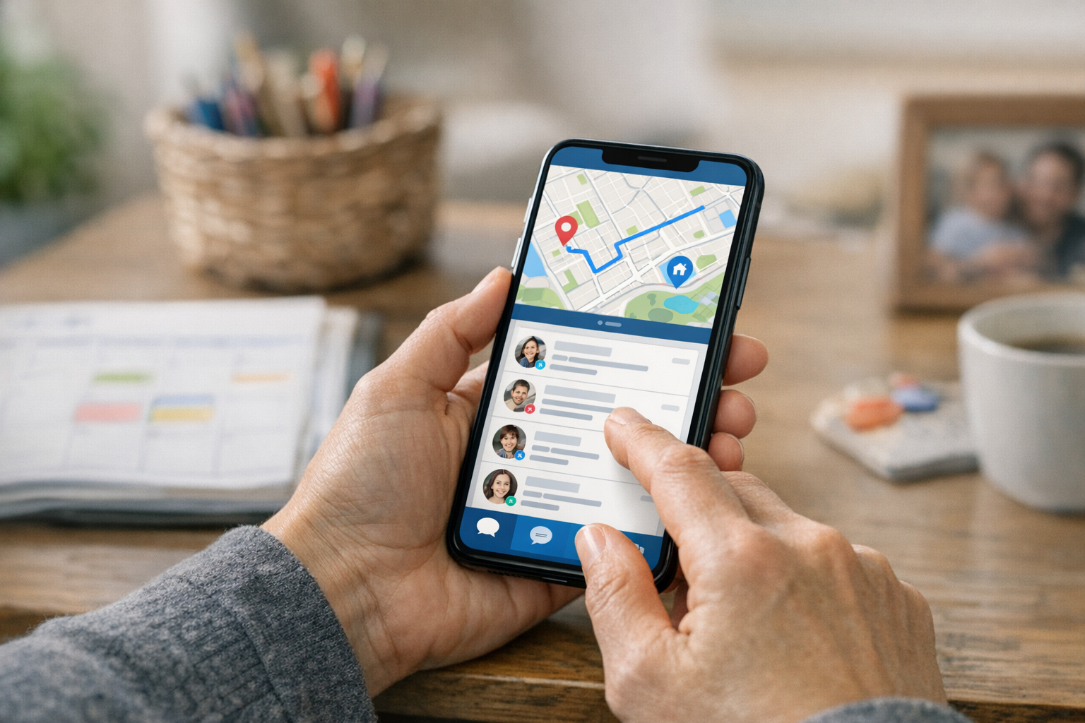 真实近景:一位用户在自然居家环境中使用智能手机进行日常协调,屏幕展示简洁的地图和沟通导向型移动应用界面,体现家庭安排与数字化管理的氛围,专业纪实摄影风格,无文字覆盖或水印