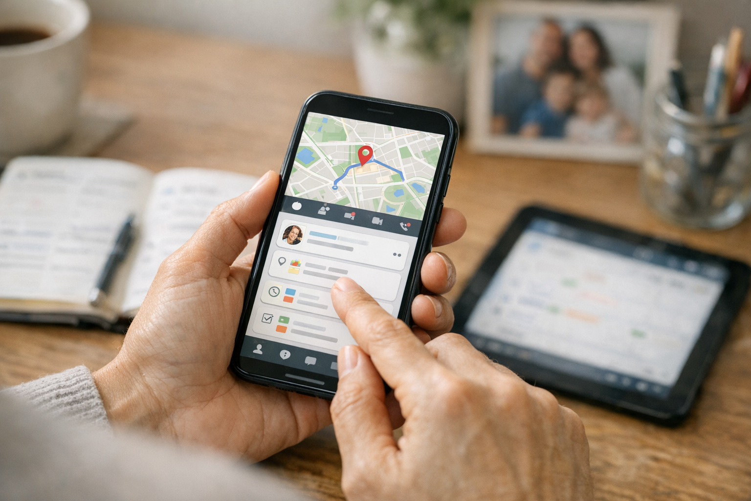 Primer plano realista de una persona usando un smartphone para la coordinación d...