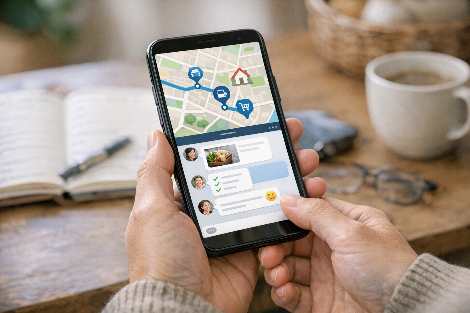 Close-up realistis seseorang menggunakan smartphone untuk koordinasi sehari-hari...