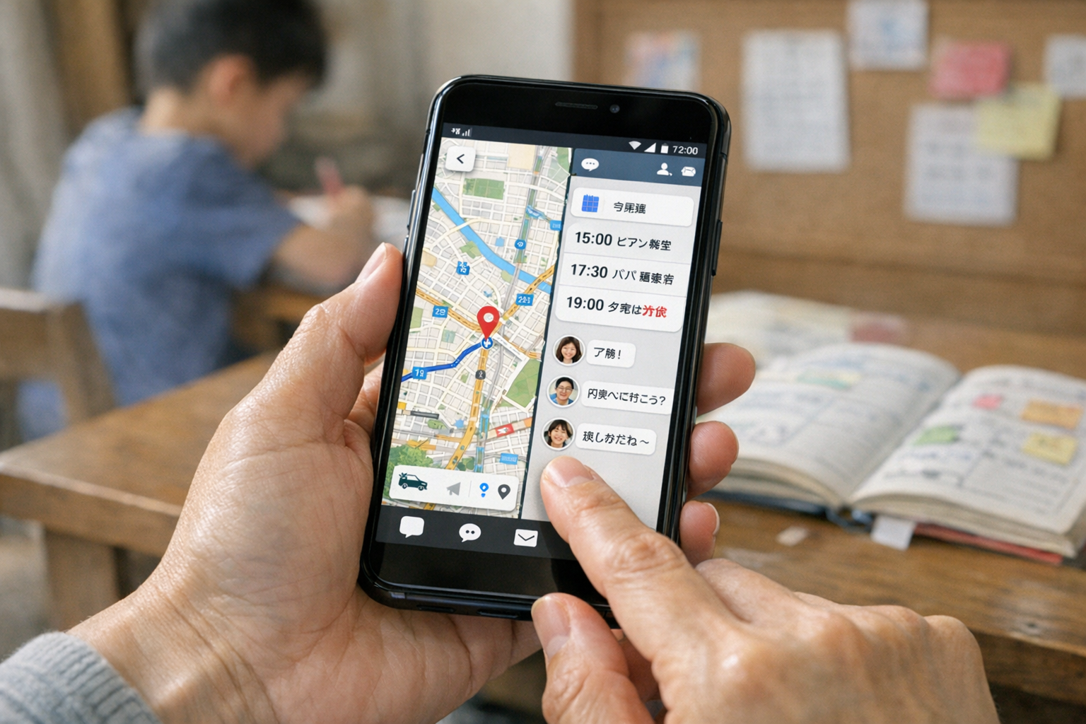 日本の一般的な家庭環境で、人物がスマートフォンを使って日常の予定調整をしているリアルなクローズアップ、見やすい地図とコミュニケーション中心のモバイルアプリ画面、...