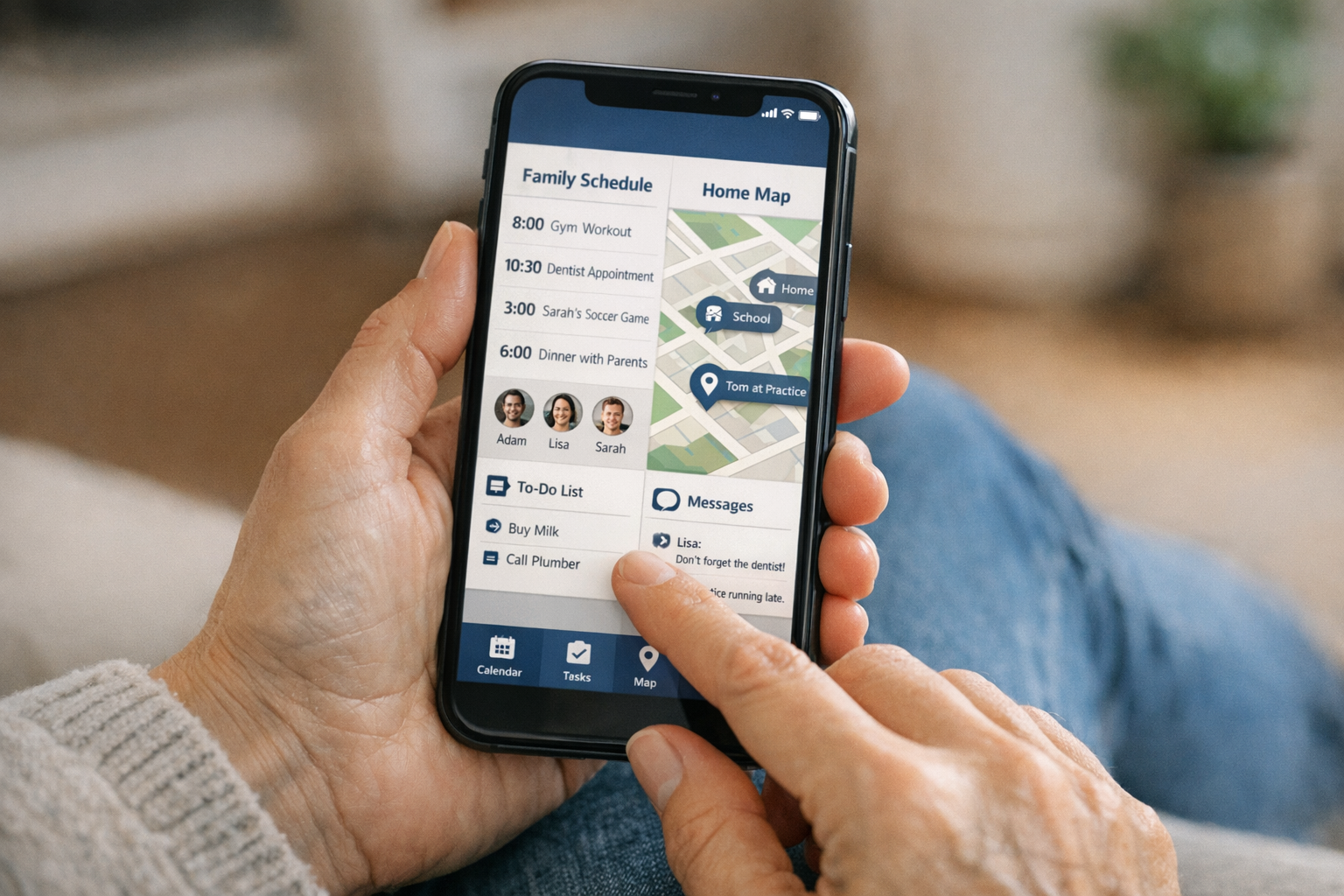Günlük koordinasyon için akıllı telefon kullanan bir kişinin gerçekçi yakın plan...