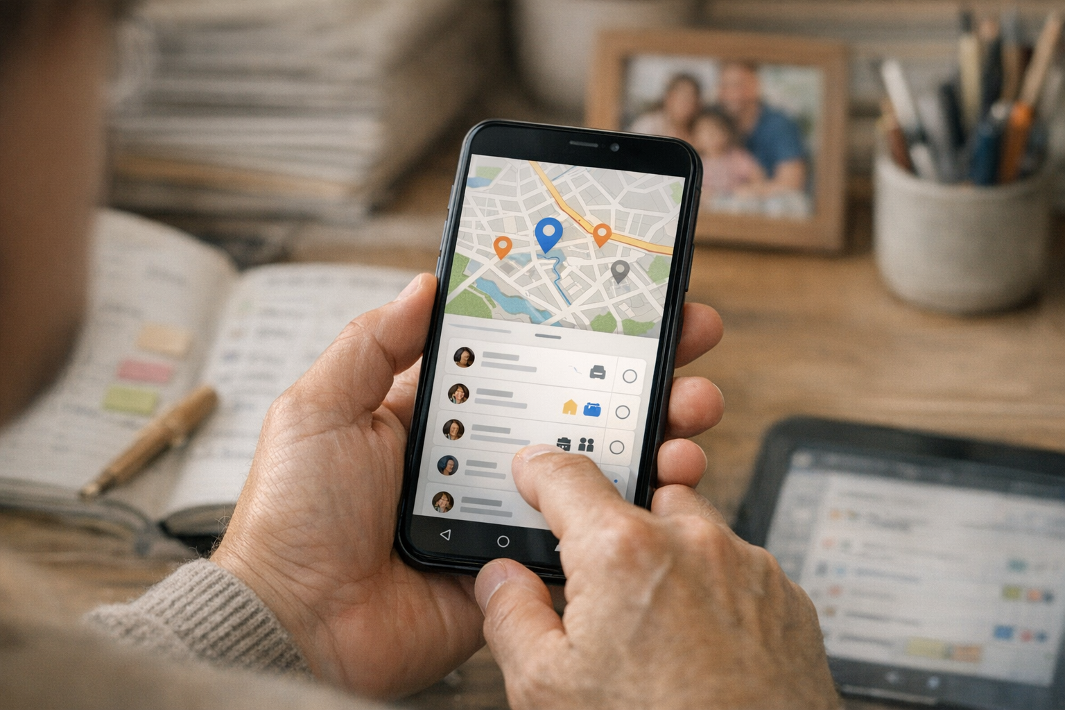 لقطة واقعية مقرّبة لشخص يستخدم هاتفًا ذكيًا للتنسيق اليومي، مع واجهة تطبيق جوال ...