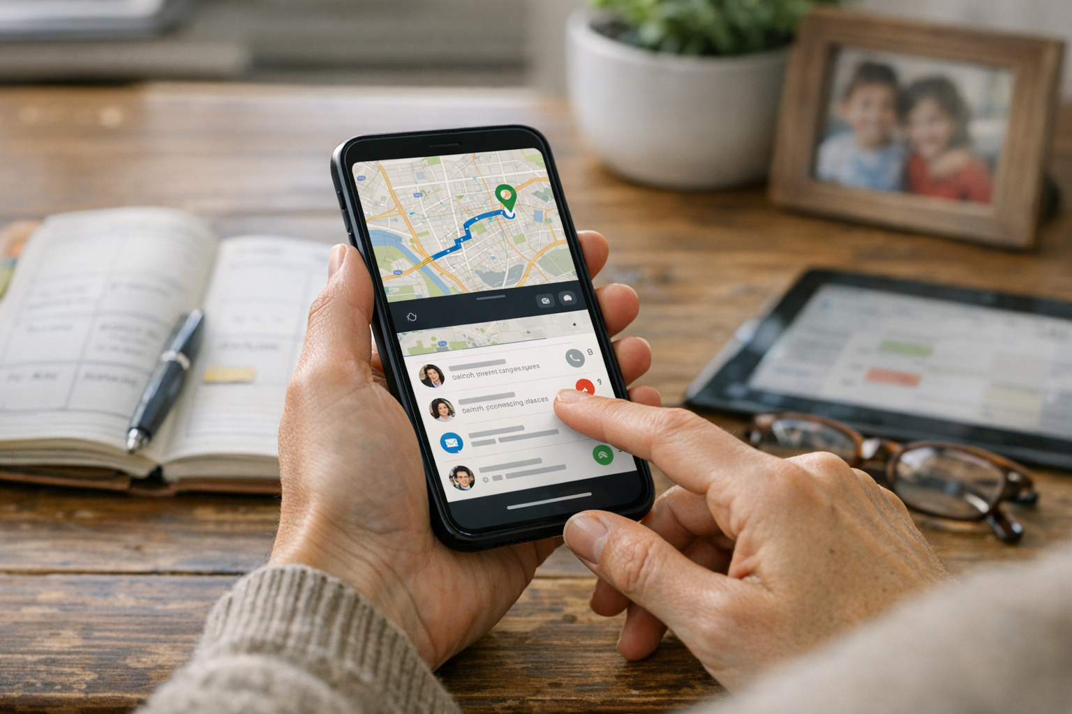 Primo piano realistico di una persona che usa uno smartphone per il coordinament...