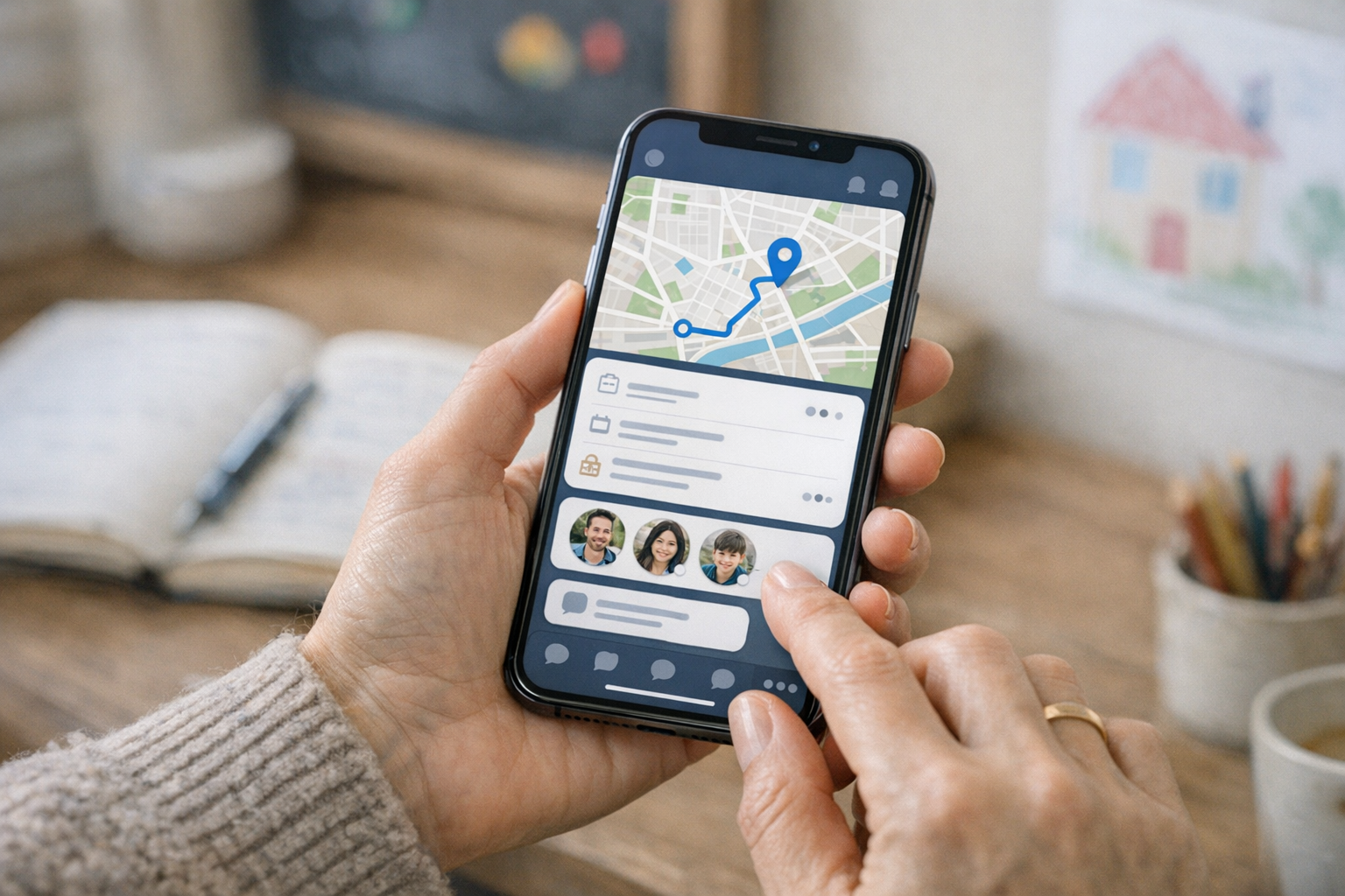Close-up realista de uma pessoa usando um smartphone para organização do dia a d...