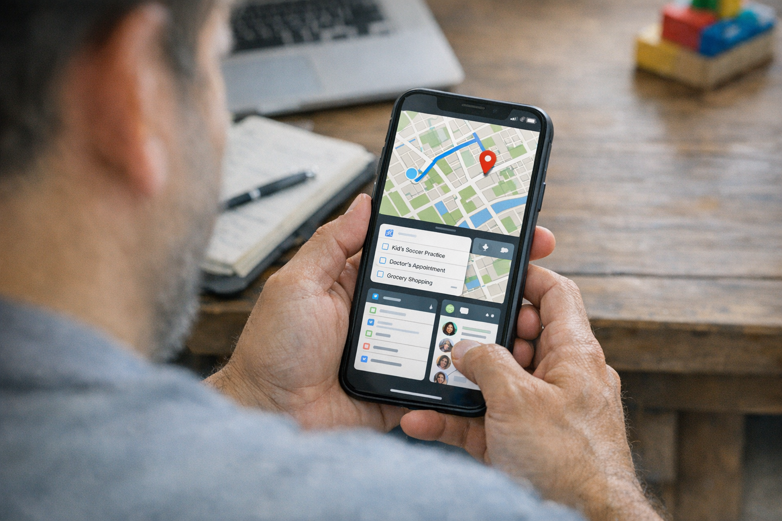 घर के स्वाभाविक माहौल में रोज़मर्रा के समन्वय के लिए स्मार्टफोन इस्तेमाल करते व्...