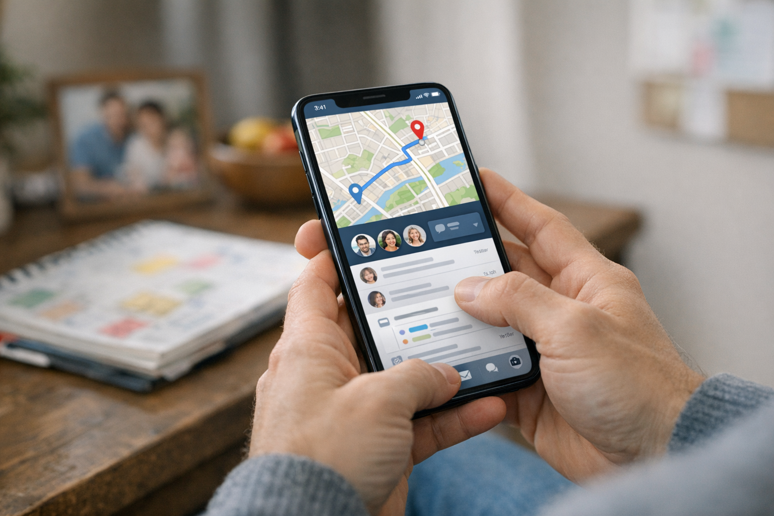 Реалистичный крупный план человека, использующего смартфон для повседневной коор...