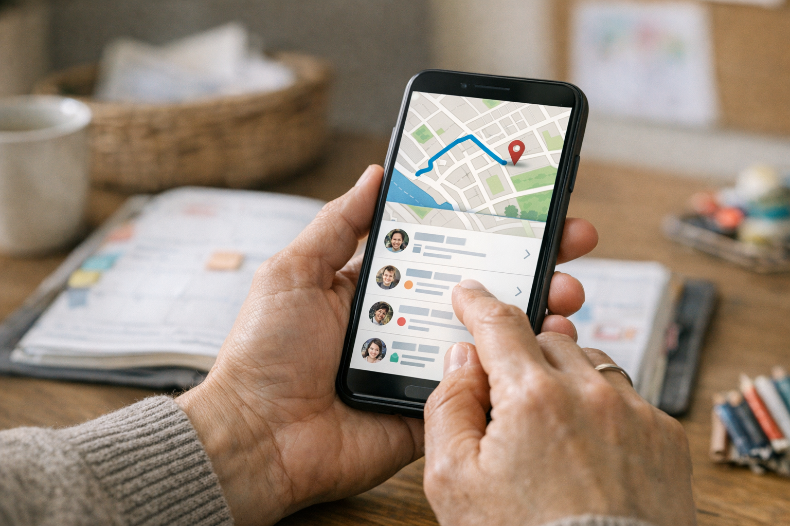 Realistisk närbild av en person som använder en smartphone för vardaglig samordn...