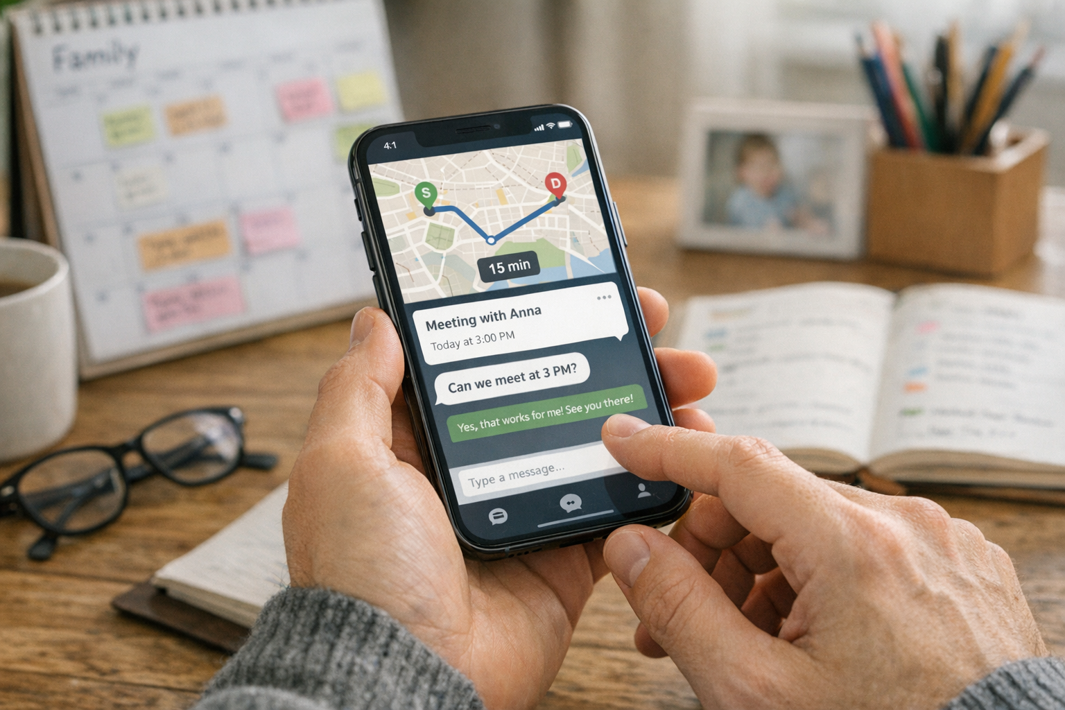 Élethű közeli felvétel egy okostelefont használó emberről mindennapi egyeztetés ...