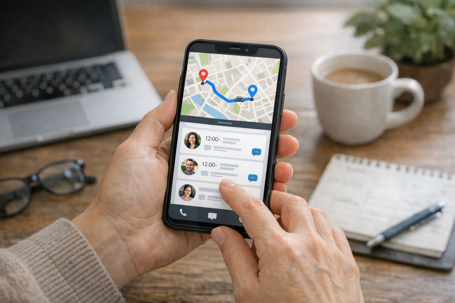 真实近景:一位用户在自然居家环境中使用智能手机进行日常协调,屏幕展示简洁的地图和沟通导向型移动应用界面,体现家庭安排与数字化管理的氛围,专业纪实摄影风格,无文字...