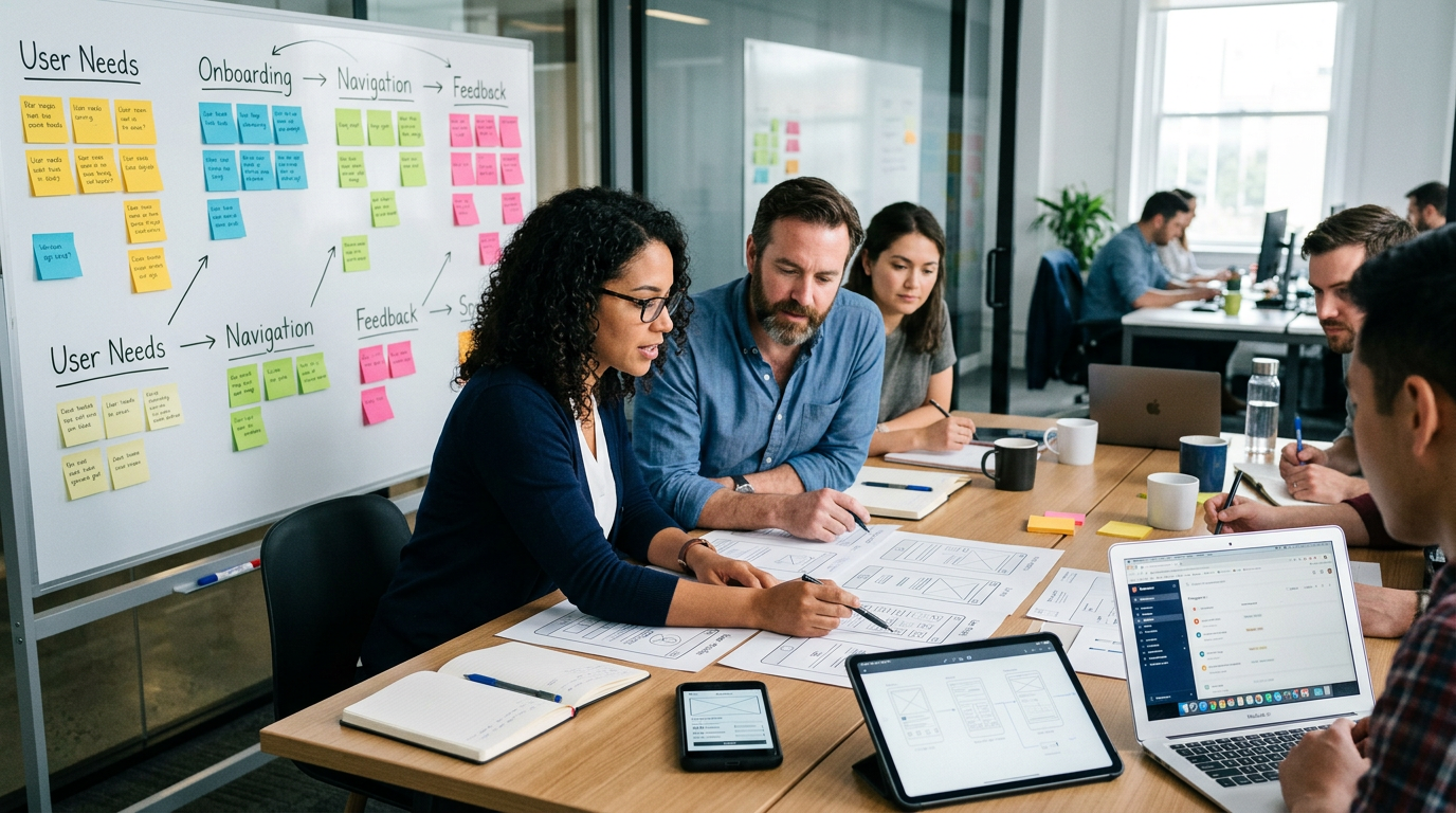 앱 와이어프레임을 검토하는 팀과 사용자 니즈 중심의 모바일 제품 기획 장면