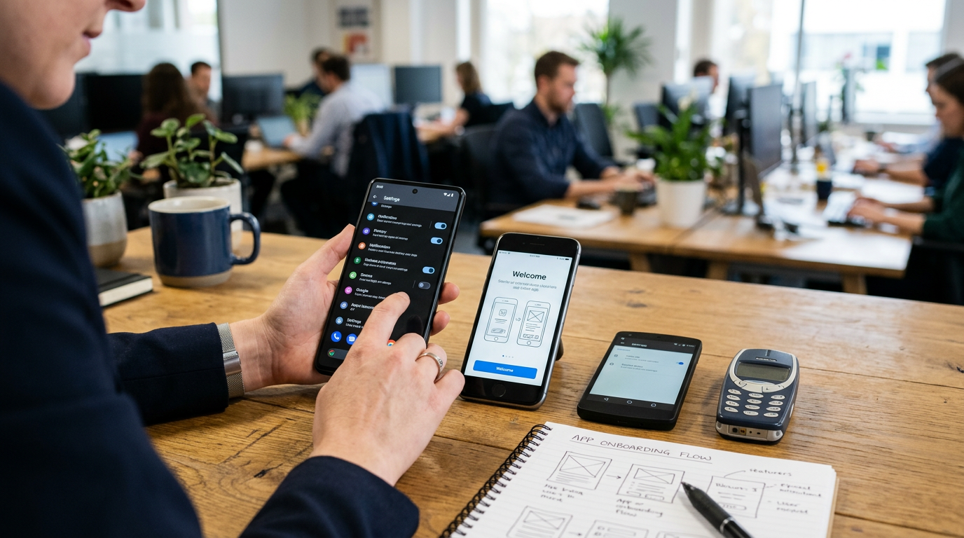 책상 위 여러 세대의 모바일 기기를 비교하는 사람의 현실적인 클로즈업 장면