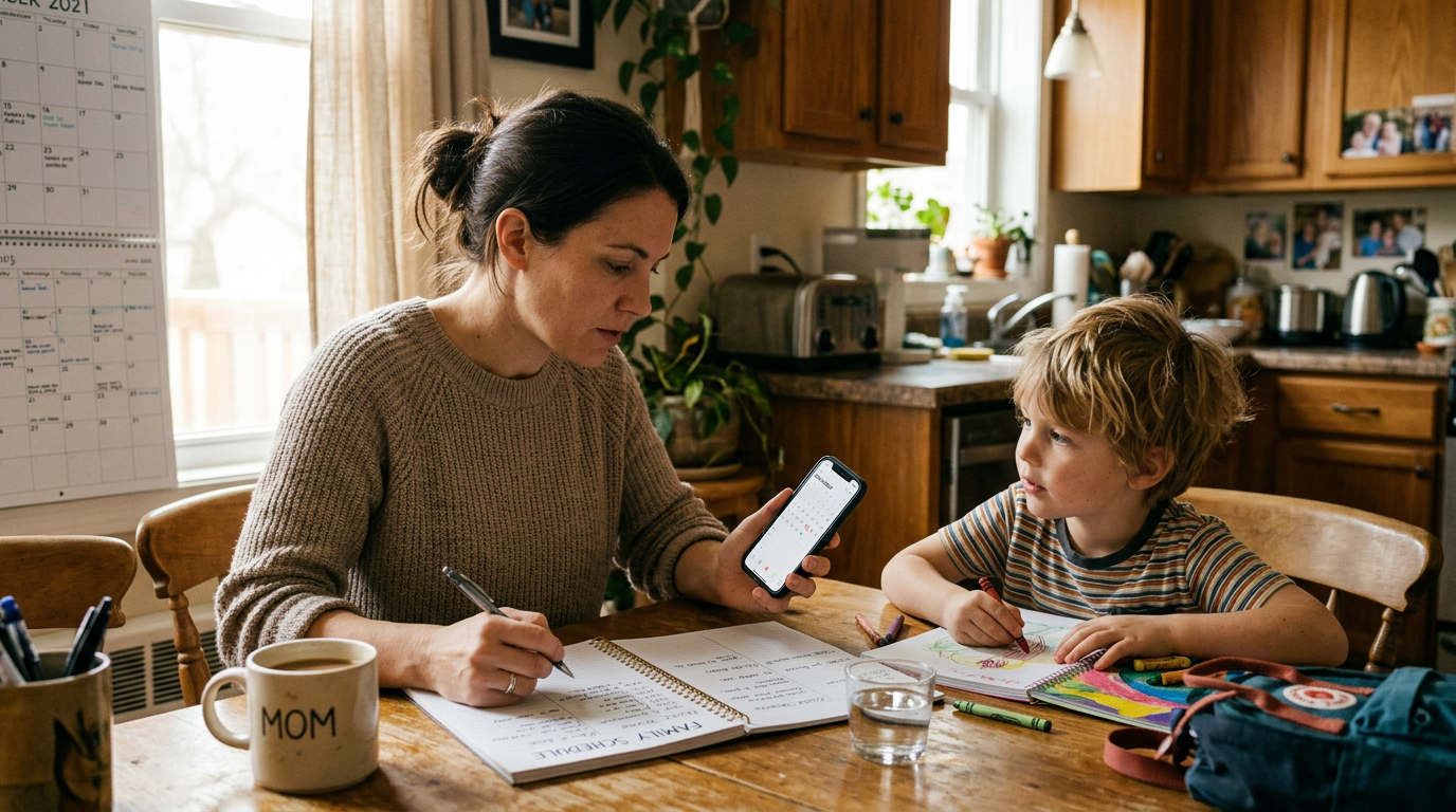 주방 식탁에서 하루 일정을 조율하며 휴대폰을 확인하는 부모의 가족 조율 콘셉트 이미지