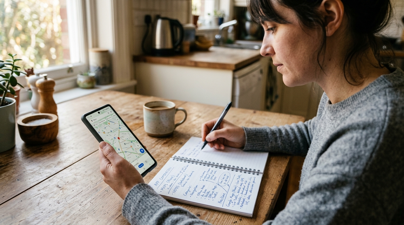 스마트폰에서 여러 앱 카테고리를 비교하는 사람