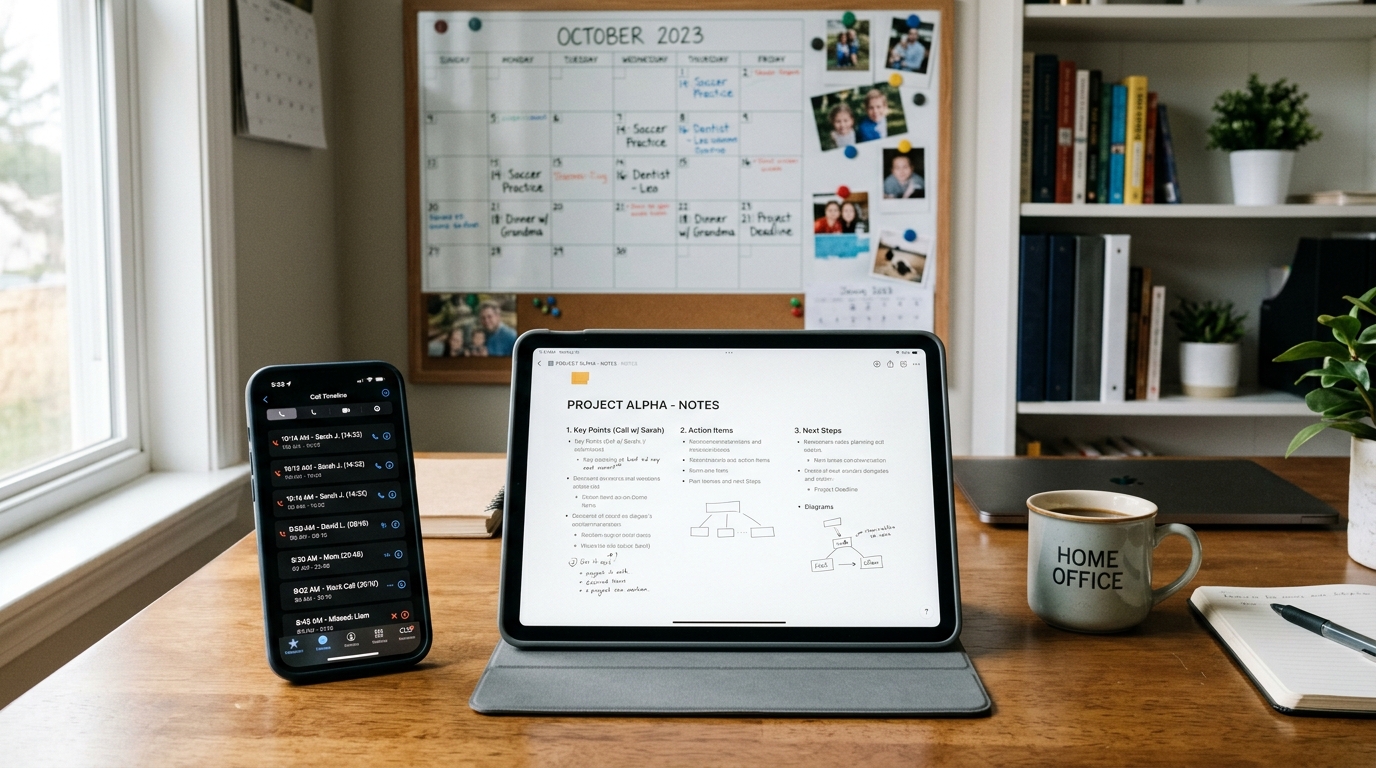 업무용 책상 위에 통화 타임라인 화면이 표시된 스마트폰