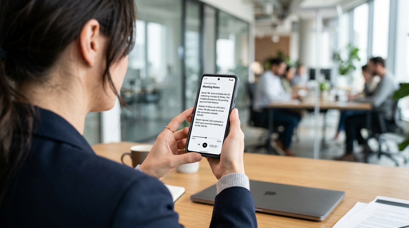 一名身着商务休闲装的专业人士正在智能手机上查看转录文本的近景过肩镜头。