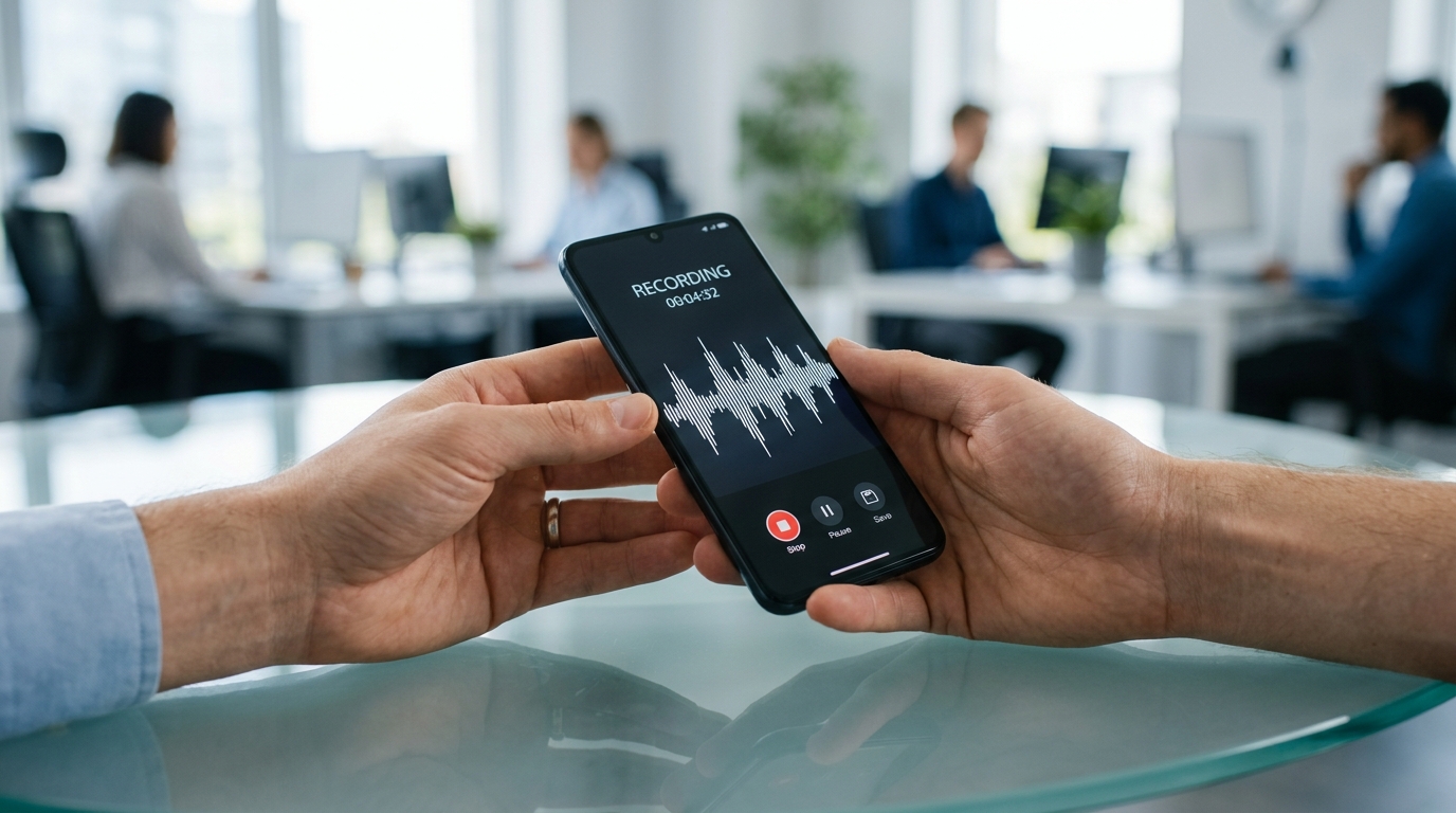 깨끗한 유리 테이블 위에서 현대적인 스마트폰을 사용하고 있는 사람의 손 클로즈업.