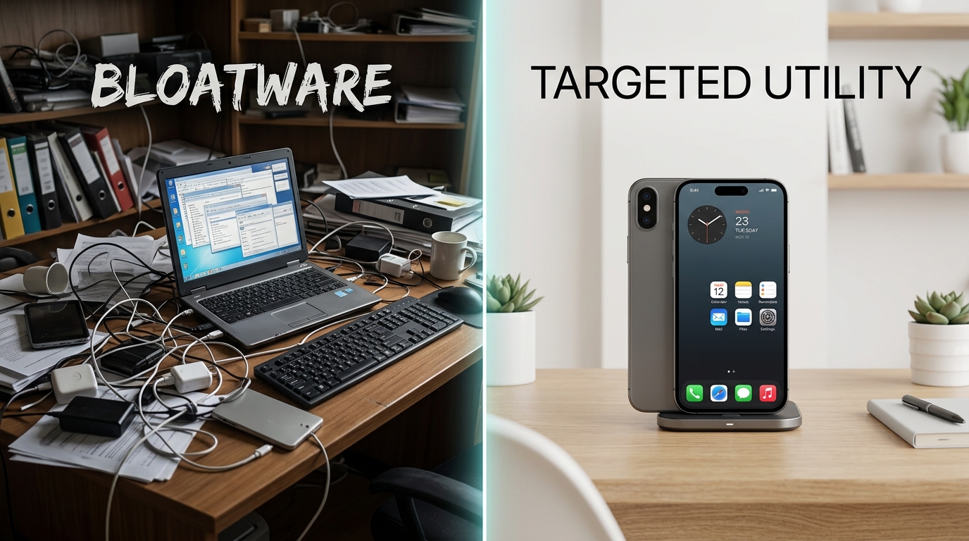 디지털 조직과 유틸리티에 대한 두 가지 뚜렷한 접근 방식을 보여주는 개념적인 분할 화면 이미지