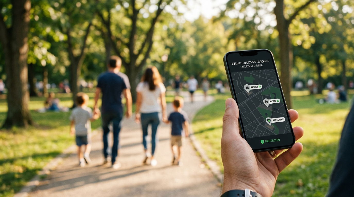 Une photographie conceptuelle illustrant la confidentialité numérique et la sécurité familiale. Une famille floue...