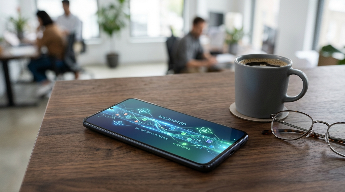 Une vue rapprochée d'un téléphone mobile élégant posé sur une table en bois sombre dans un bureau moderne et lumineux...
