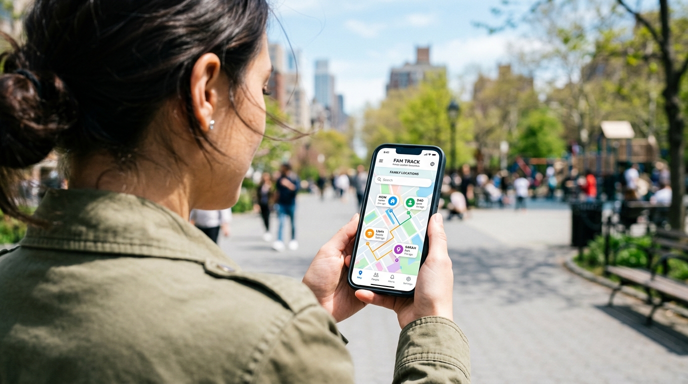 Een close-up van een persoon die een smartphone vasthoudt in een openbaar park om veiligheidswaarschuwingen voor de familie te controleren.