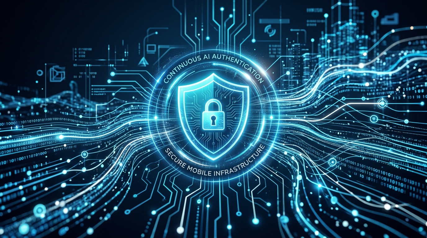 Een abstracte, hightech visualisatie van digitale beveiliging met een gloeiend schildicoon dat mobiele databescherming vertegenwoordigt.