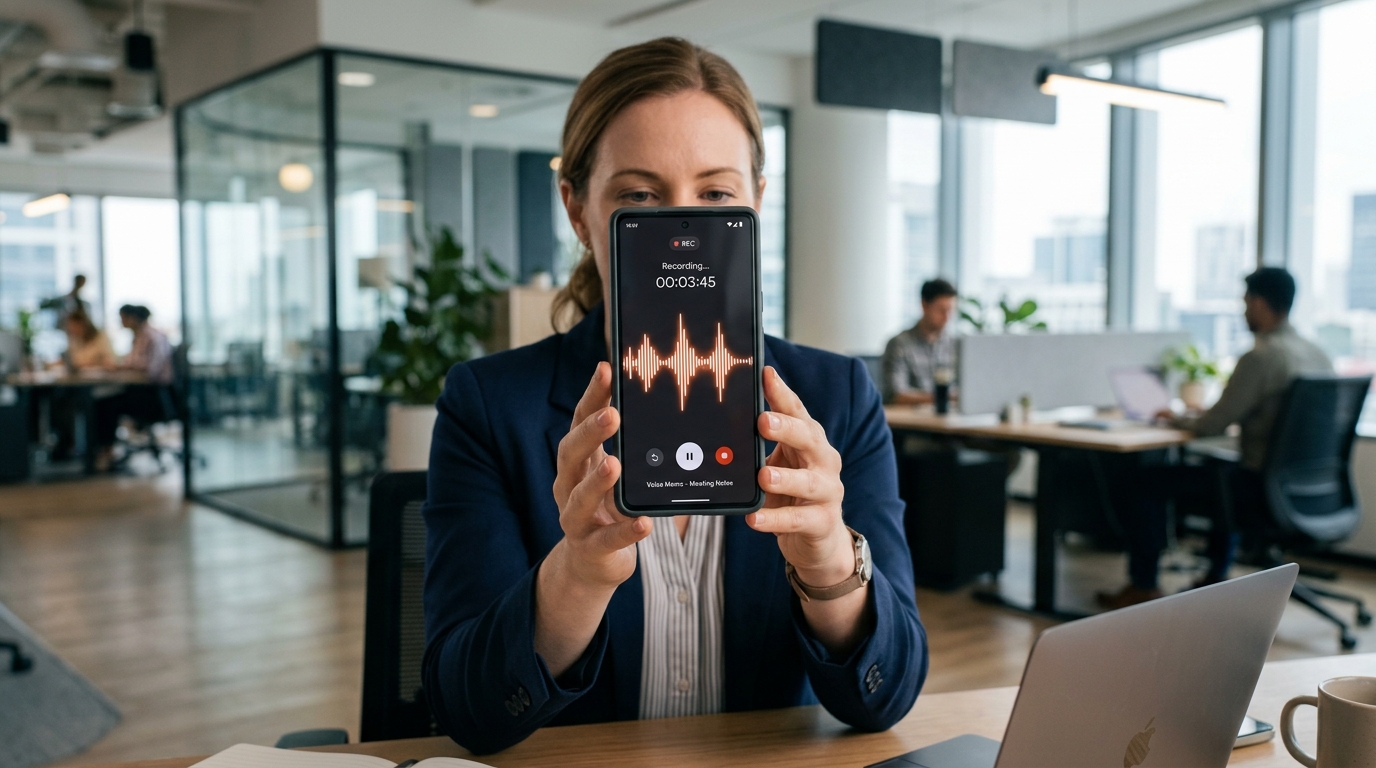 オフィスで最新のスマートフォンを手に持っている人物のクローズアップ。