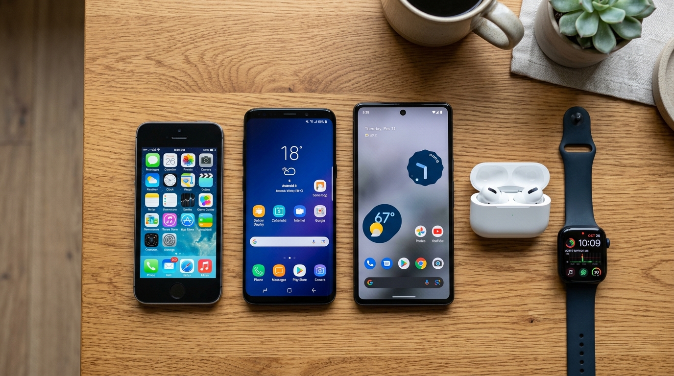 木製のテーブルの上に置かれた、世代の異なるスマートフォンの俯瞰図。