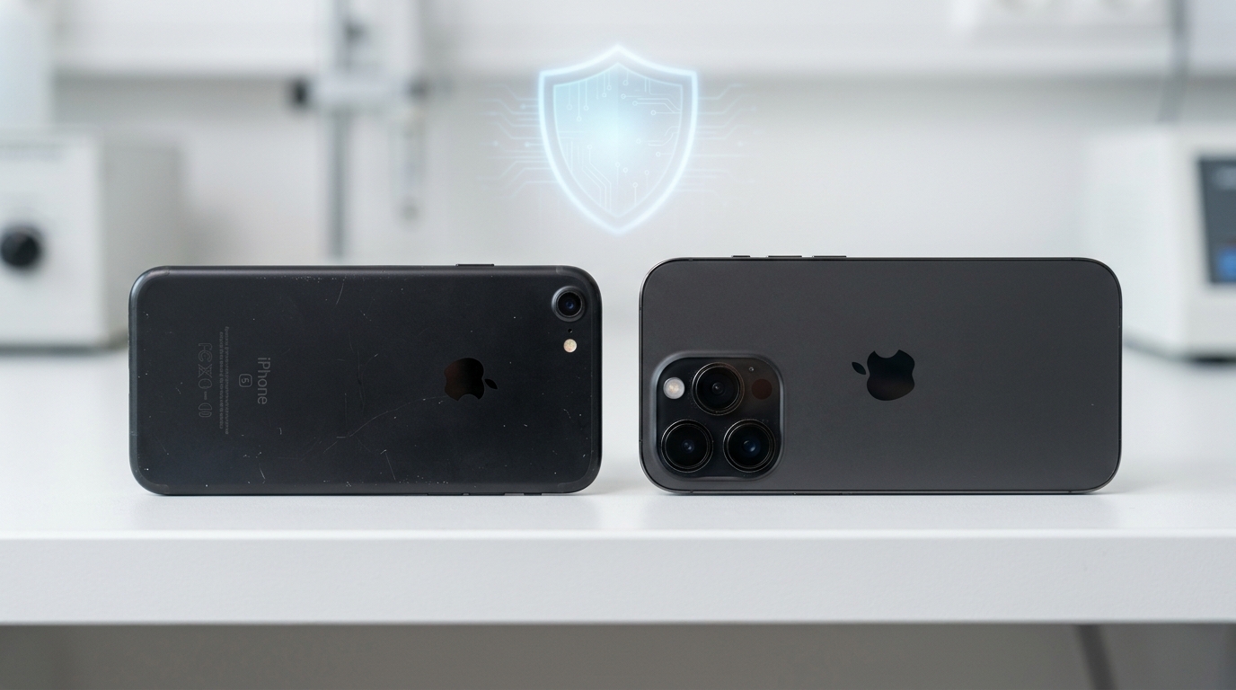 하드웨어의 진화를 보여주기 위해 구형 스마트폰 모델과 현대적인 프리미엄 기기를 나란히 배치한 클로즈업 사진.