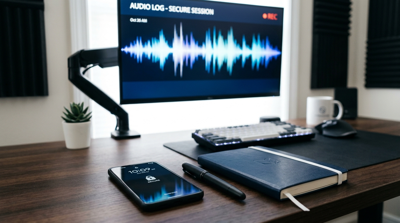 보안 전사 도구를 설명하기 위해 스마트폰에 디지털 오디오 파형이 떠 있는 전문적인 데스크 셋업.