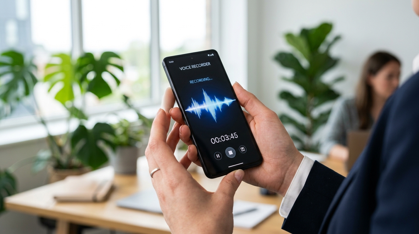 A close-up of a professional's hands holding a modern smartphone in a bright, mo...