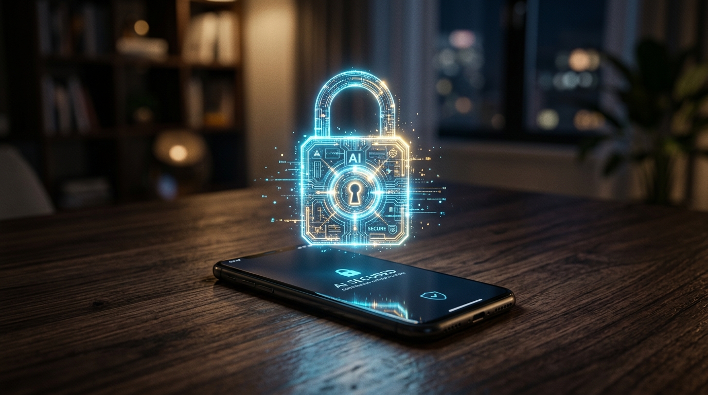 صورة مفاهيمية لقفل رقمي متوهج يحلق فوق هاتف ذكي حديث...