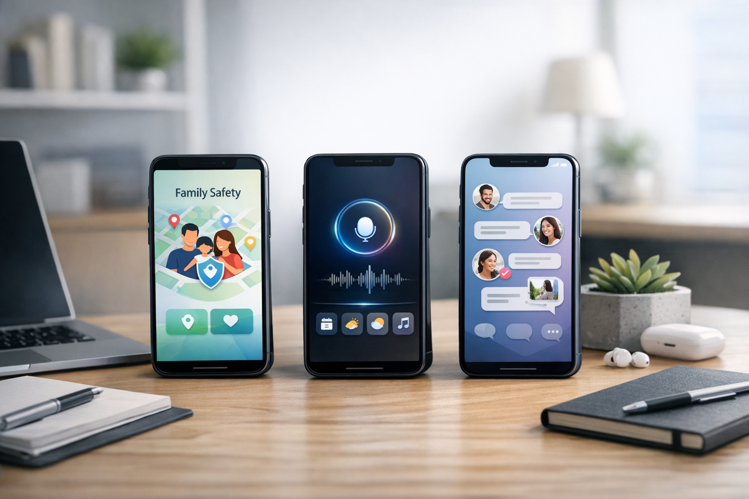 Professionele hero-afbeelding in redactionele stijl voor een mobiel appbedrijf, met een moderne werkplek en smartphones met abstracte interfaces voor gezinsveiligheid, digitale assistentie en sociale communicatie