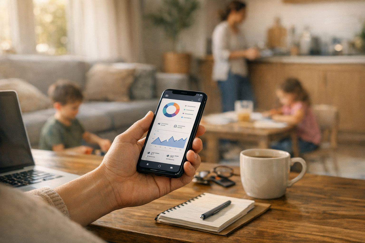Realistische lifestylefoto van een ouder die thuis inzichten uit een mobiele app bekijkt op een smartphone terwijl dagelijkse gezinsroutines doorgaan