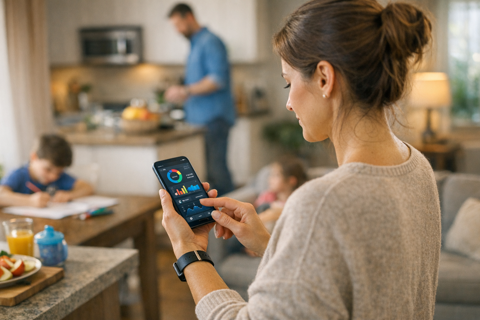 مشهد حياتي واقعي لوالد أو والدة يراجع مؤشرات تطبيق جوّال على هاتف ذكي داخل المنز...